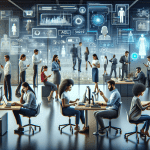 An ultra-modern office filled with diverse employees using advanced AI technology on smartphones and computers to manage and prevent missed calls, with visualizations of call logs and communication so