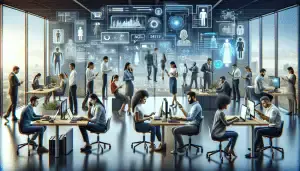 An ultra-modern office filled with diverse employees using advanced AI technology on smartphones and computers to manage and prevent missed calls, with visualizations of call logs and communication so