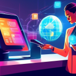 A businesswoman securely swiping a credit card through a futuristic point-of-sale system, with a holographic globe and digital padlock hovering above, representing online payment authorization.