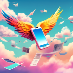 A phone bill with wings, flying high in the sky, surrounded by fluffy clouds.
