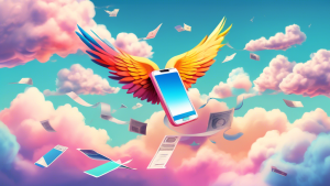 A phone bill with wings, flying high in the sky, surrounded by fluffy clouds.