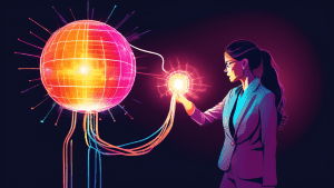 A businesswoman plugs a power cord into a glowing orb, unlocking a burst of digital energy that transforms into business graphs, charts, and symbols.