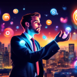 A businessman juggling glowing orbs that represent various social media platforms, with a focused expression on his face and city skyline in the background.