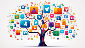 A vibrant, colorful digital tree with various social media and website icons hanging from its branches, set against a clean, white background, representing a centralized hub for showcasing an individu
