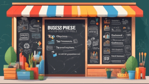 Create an image showcasing a thriving small business storefront with a chalkboard sign outside that reads, Top 10 Ways to Boost Your Google Business Profile! Surround the storefront with icons represe