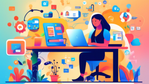 A vibrant, colorful illustration depicting a person happily working on a Weebly website, surrounded by floating icons representing key features and tools like drag-and-drop editing, mobile responsiven