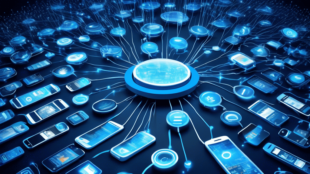 A futuristic, digital illustration showing a vast network of interconnected smartphones and mobile devices, with glowing blue text messages and data flowing between them. In the center, a large 10DLC