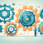 A digital illustration depicting a streamlined customer support process, featuring five interconnected gears or cogs, each labeled with a different aspect of optimizing support, such as Automation, Se