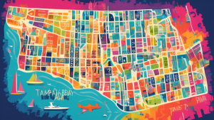 A digital artwork depicting a vibrant, colorful map of the Tampa Bay area in Florida, with the prominent 727 area code in bold, stylized numbers overlaid on the map. The image should capture the essen