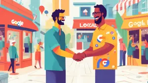 A friendly person wearing a shirt with the Google logo shaking hands with a local business owner, surrounded by map pins and local shops