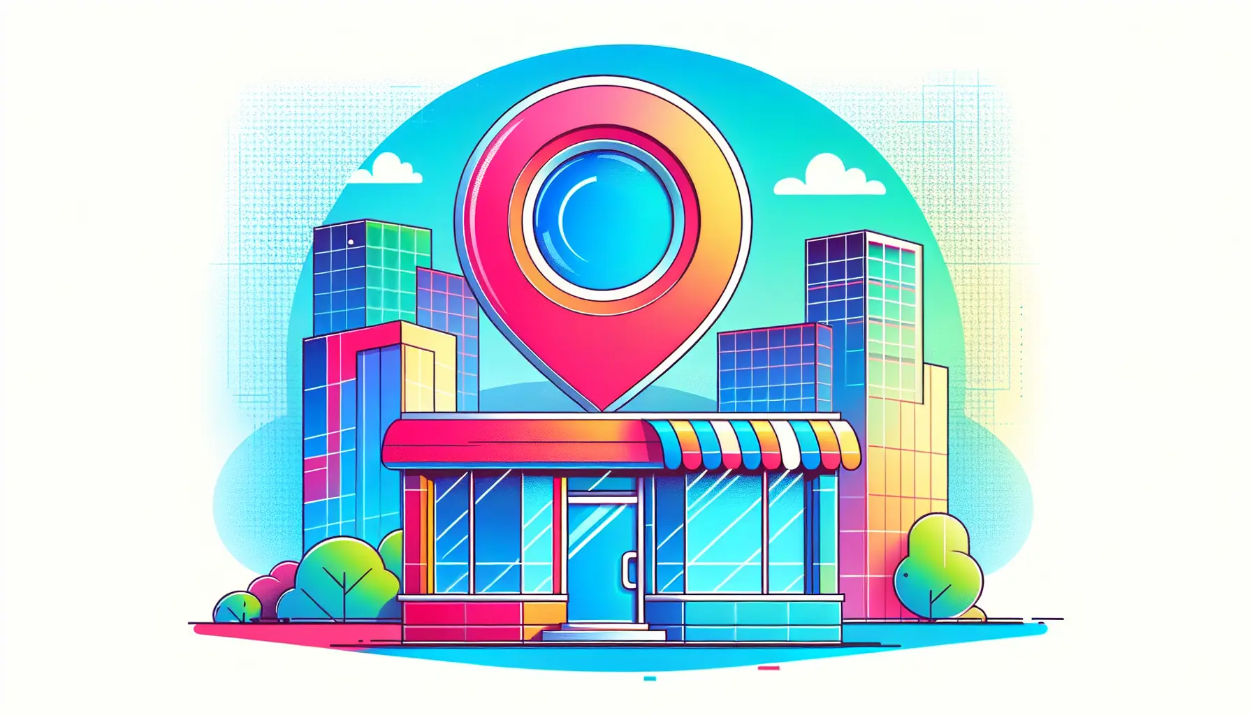 A storefront with a Google Maps pin icon hovering above it and a magnifying glass over the storefront