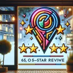 A storefront window with a Google Maps location pin and glowing five-star reviews