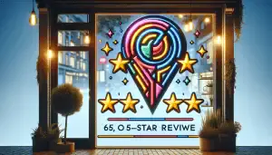 A storefront window with a Google Maps location pin and glowing five-star reviews