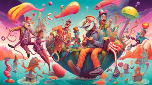 DALL-E Prompt: A surreal, colorful illustration depicting a group of eccentric characters engaged in comically exaggerated activities, such as riding oversized unicycles, juggling fish, and wearing mi