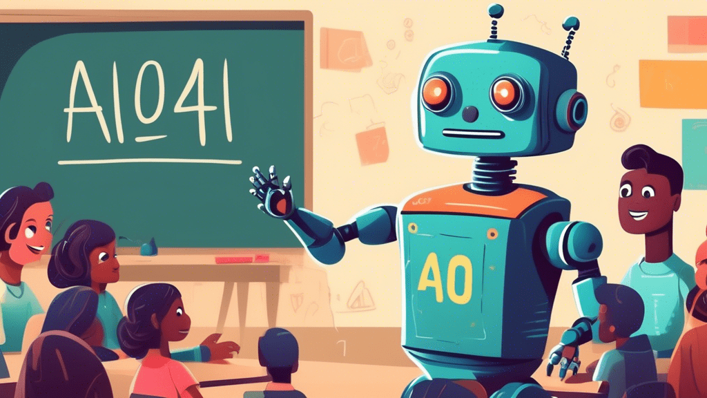 A friendly robot teaching a diverse group of people about artificial intelligence in a bright classroom setting, with a chalkboard in the background that reads AI 104.