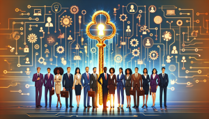 A golden key with glowing circuits transforming into a diverse group of empowered business people, with gears, automation symbols, and artificial intelligence icons in the background.