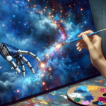 A robot hand delicately painting a canvas with a starry night sky, while a human hand holds a paintbrush filled with vibrant colors, collaborating on a surreal artwork.