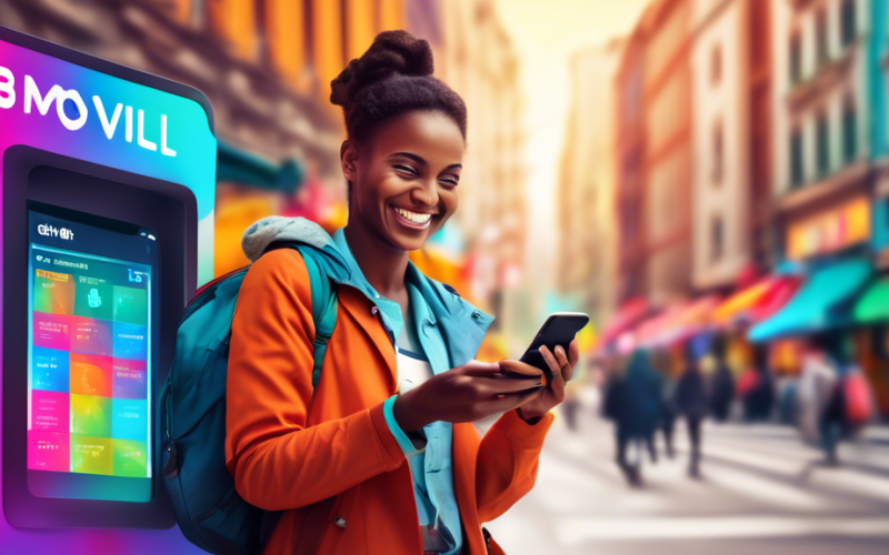DALL-E Prompt:nA smiling person holding a smartphone displaying a colorful banking app interface, with ATH Móvil logo prominently featured, against a vibrant backdrop of a bustling city street, symbol
