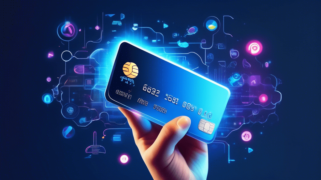 Imagine a sleek, modern credit card design with the AT&T logo prominently displayed. The card is held up by a hand, and behind it, there are various communication icons floating in a futuristic, holog
