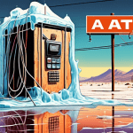 A vintage AT&T Universal Card encased in a block of ice melting on a hot desert highway, with a telephone pole and wires in the background.