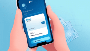 Prompt: A person holding a smartphone with the AT&T Universal Card app open on the screen, showing account information and payment options against a blue background with a subtle wireframe design of a