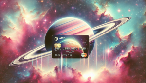 A vintage AT&T Universal Card floats in space with Saturn's rings in the background.