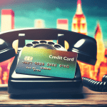 A vintage AT&T Universal Card laying on a rotary phone with a blurry cityscape in the background.