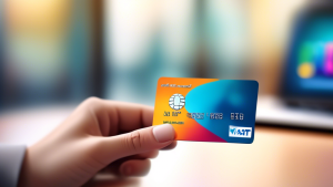 DALL-E prompt: A close-up view of a hand holding a sleek, modern credit card with the AT&T logo prominently displayed, set against a blurred background featuring a laptop and smartphone, suggesting on