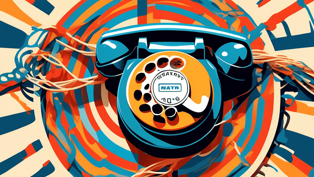 A vintage rotary phone with a Mastercard logo superimposed on the dial, tangled in telephone wires, with the AT&T logo in the background.