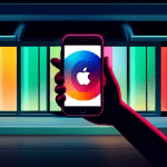 A hand holding a glowing iPhone with the Apple Pay logo over a storefront window displaying the Stripe logo.