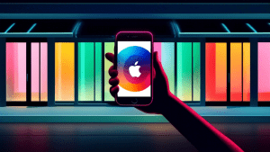 A hand holding a glowing iPhone with the Apple Pay logo over a storefront window displaying the Stripe logo.