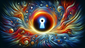 A lone glowing keyhole amidst a swirling vortex of usernames and passwords.