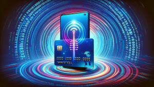 A smartphone displaying the AT&T logo hovering over a credit card with revolving blue binary code in the background.