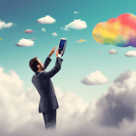A businessman reaching through a cloudy sky to touch a floating mobile phone with the JobNimbus logo on the screen.
