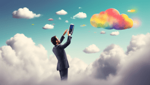 A businessman reaching through a cloudy sky to touch a floating mobile phone with the JobNimbus logo on the screen.