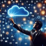A businessman reaching towards a glowing, cloud-shaped app icon labeled JobNimbus in a dark blue sky filled with other app icons.