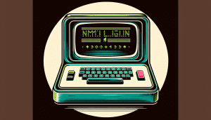 A vintage computer terminal with a black screen displaying NMI Login in glowing green text and a blinking cursor.
