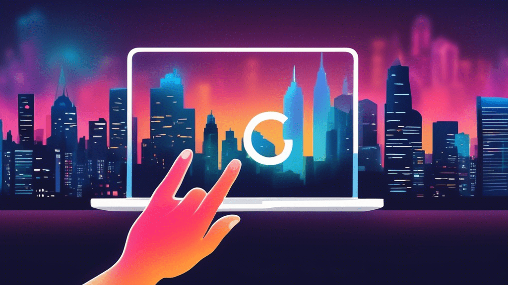 A hand reaching out to touch a glowing Google My Business logo hovering over a laptop with a city skyline in the background.