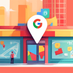 A friendly storefront with a giant Google Maps pin popping out of a smartphone displaying a Google Business Profile page.