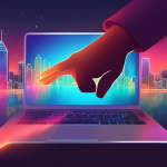 A hand reaching out to a glowing Google My Business logo hovering over a laptop, with a city skyline in the background.