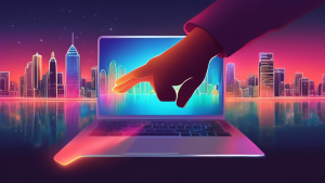 A hand reaching out to a glowing Google My Business logo hovering over a laptop, with a city skyline in the background.