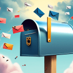 A whimsical open mailbox with a tiny digital lock and a Mailgun flag waving on the side, floating in a cloudy sky with email icons flying out of it.