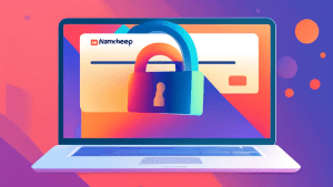 A padlock shaped like the Namecheap logo floating above an open laptop displaying the Namecheap login page.