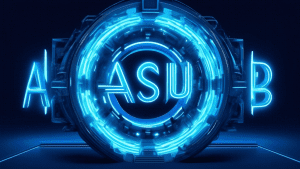 A futuristic portal glowing blue with the letters ASUB floating in the center.