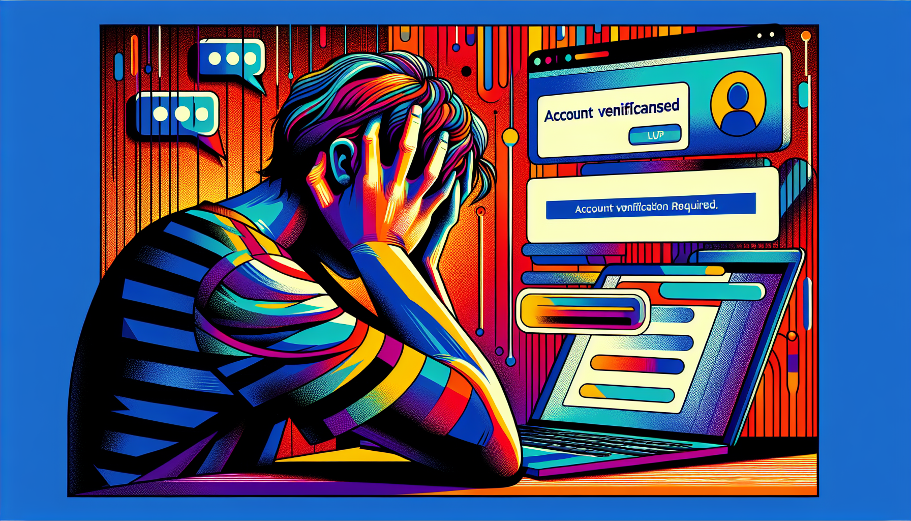 A frustrated user with their head in their hands, staring at a laptop screen with a large pop-up message saying Account Verification Required.