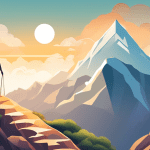 Create an image depicting a serene mountain landscape with a person climbing towards the peak. Along the mountain path, incorporate various symbolic elements that represent personal growth strategies