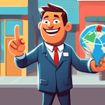 A friendly cartoon manager holding a giant Google Maps pin with a business storefront inside it. The manager is smiling and waving to invite viewers in.