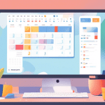 Create a detailed illustration of a computer screen showing a Google Calendar interface with a Zoom meeting icon being clicked on by a cursor. The background should include a modern desk setup with a