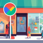 A storefront with a giant Google Maps pin hovering over it and a magnifying glass inspecting the store's details.