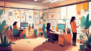 Create an image of a bustling small office space where people are collaborating and sharing ideas. The atmosphere should be innovative and dynamic, with affordable yet effective tools and technology p
